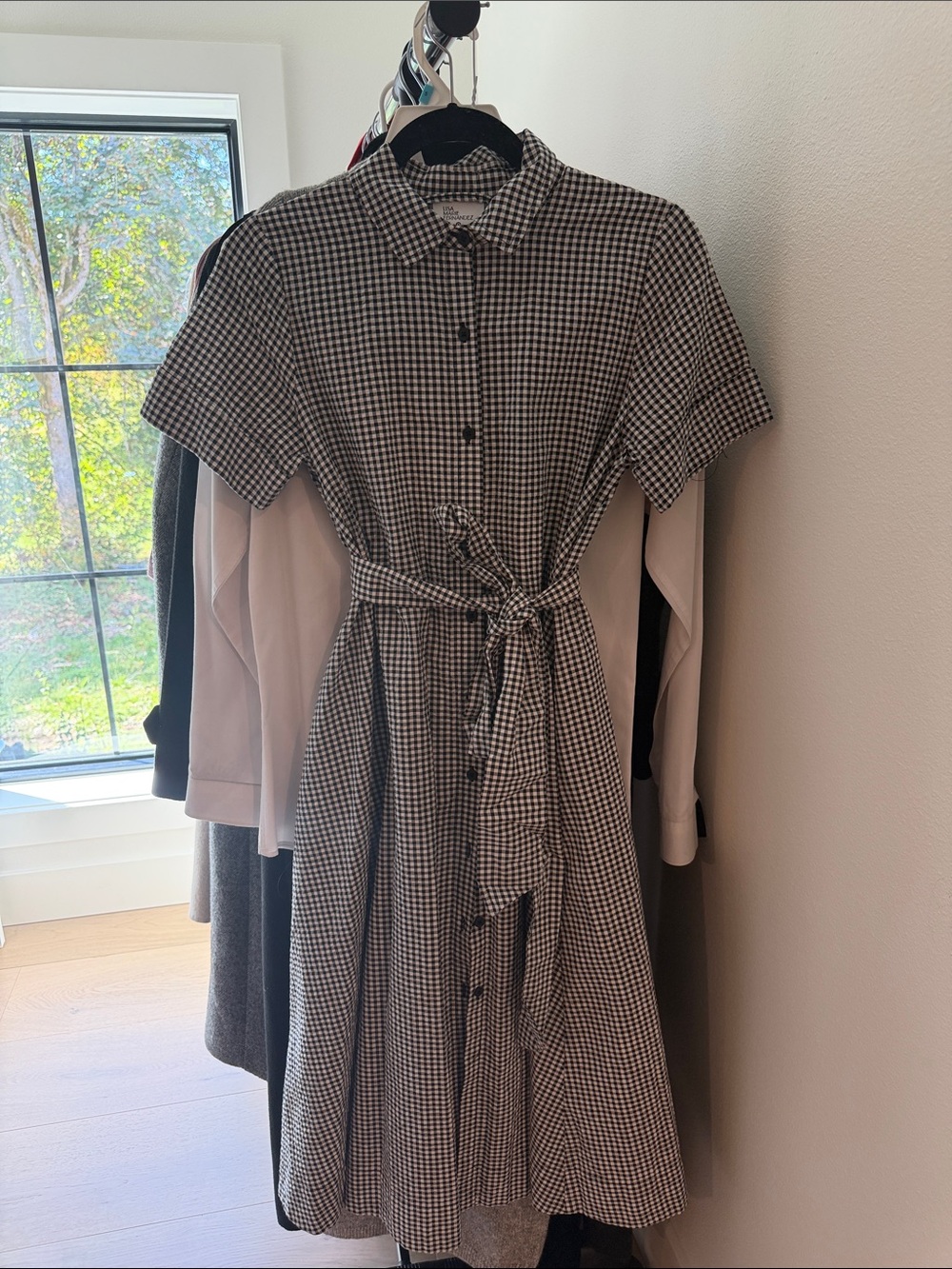 Black and White Gingham Midi Shirt Dress with Tie Waist